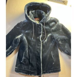 Vintage‎ Jordache Faux Fur Coat Soft Blue Hooded 70s 80s M? Satin Lined USA